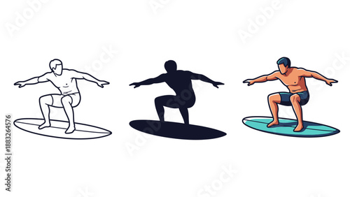 Collection of three distinct vector illustrations depicting a muscular male surfer balancing expertly on a surfboard during a wave ride in different styles