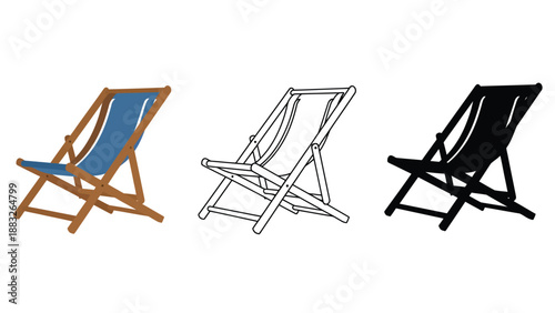 Three different colored folding beach chairs on a white background illustration