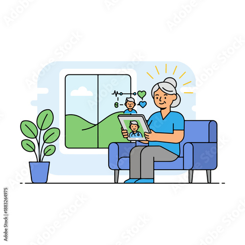 Elderly Man Reading Tablet on Sofa.