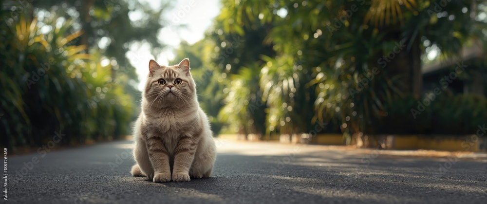 Obraz premium Scottish cat with shaded color and folded ears, front view, big round eyes, sitting on road amid summer foliage