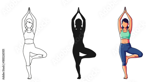 Collection of three distinct stylistic representations of a woman performing the Vrikshasana yoga tree pose demonstrating balance and fitness concepts