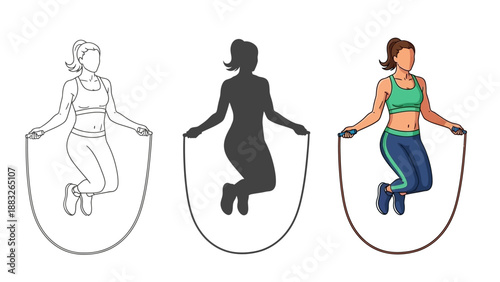 Collection of three distinct artistic representations depicting a fit woman actively engaging in vigorous cardiovascular exercise while jumping rope for physical fitness training