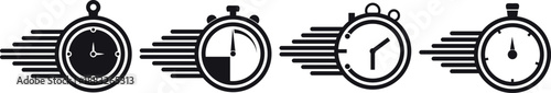 Set of black stopwatch timer icons with speed motion lines isolated on white background