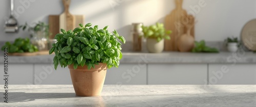 Potted fresh basil herb plant