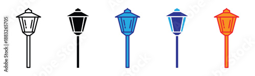 Vector illustration icon collection of four different colored street lamps in various styles and