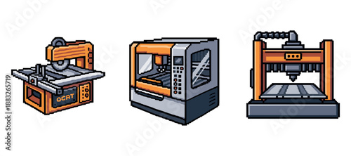 Pixel art style machines: 3d printer, cnc machine, laser cutter. Not editable stroke
