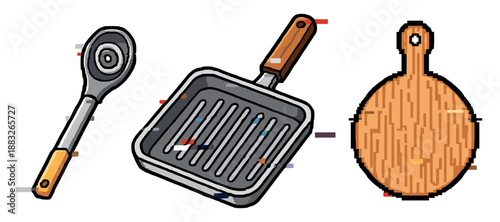 Vector illustration of kitchen utensils: ladle, grill pan, and cutting board. Not editable stroke