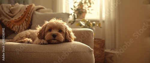 Cute brown-haired dog resting on sofa in home, animal, face, smile, sleep, portrait, funny, adorable