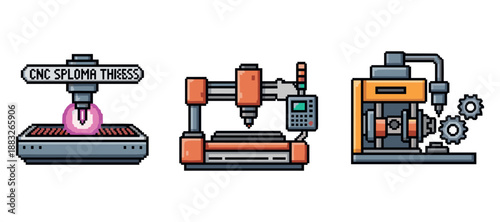 Pixel art cnc machines: drilling and milling equipment illustrations. Not editable stroke