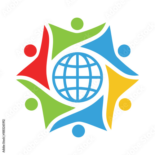 Colorful abstract people holding hands around the earth  global unity concept icon