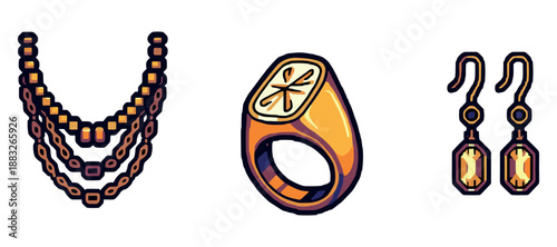 Illustrated gold jewelry set with necklace, ring, and earrings on white background. Not editable stroke