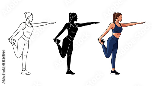 Athletic woman demonstrating the standing quadriceps stretch exercise variation in outline silhouette and full color vector styles for fitness guides