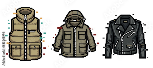 Pixel art jackets and vest collection: puffer vest, hooded jacket, black leather jacket. Not editable stroke