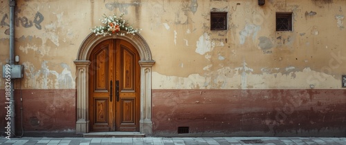 A wooden door decorated wit...