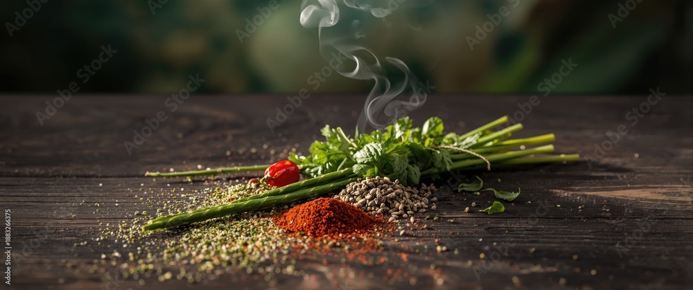 Obraz premium Different herbs and spices arranged on a dark wood surface