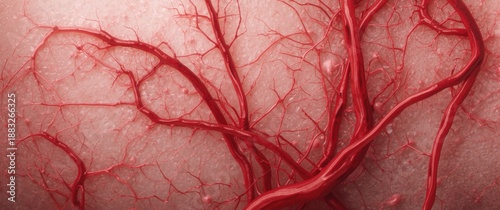 Red, inflamed capillaries on skin: abstract depiction of animal vessel systems and blood flow, with doctor examination via macroscopic photography
