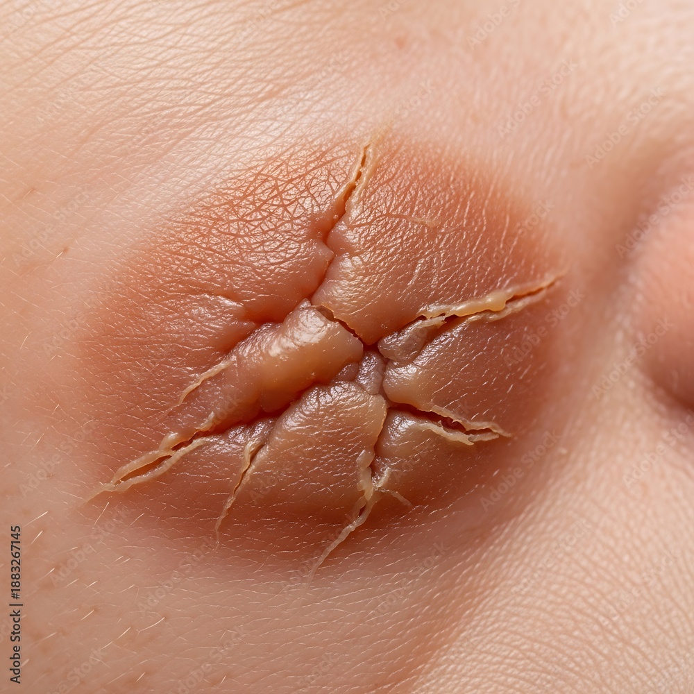 Fototapeta premium Close up of cracked, peeling skin shows signs of dryness and damage.
