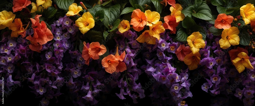 Obraz premium Vibrant yellow orange begonias alongside purple surfinias