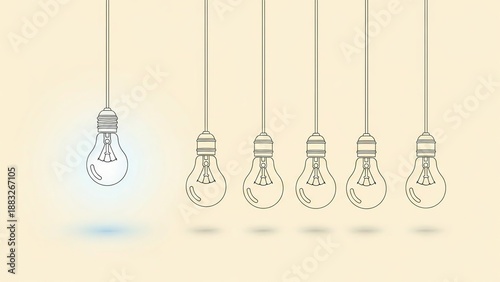 Glowing light bulb shining brightly among unlit sketch bulbs, symbolizing a new idea.