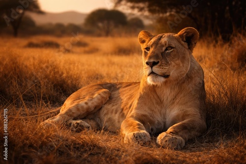 Lioness lying peacefully in...