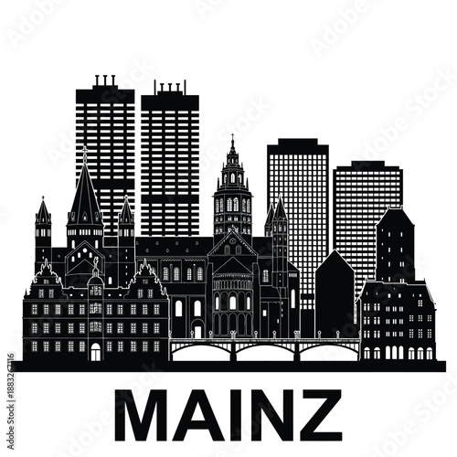 a black and white silhouette skyline of the german city mainz