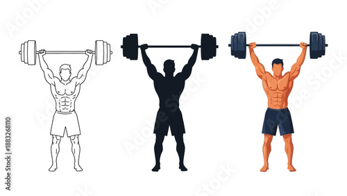 Collection of three distinct stylized vector illustrations depicting a muscular man successfully completing a heavy overhead barbell press exercise demonstrating strength and dedication