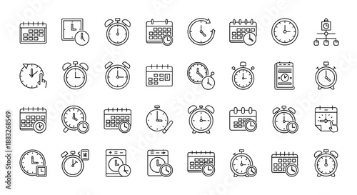 Time management icons set: clocks, calendars, alarm clocks, and timers for business and scheduling.