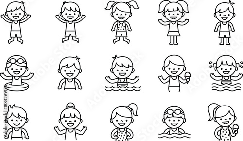 Cute children swimming and playing, happy kids summer activities, cartoon line art characters, pool fun illustrations, joyful boys and girls icons for education and design