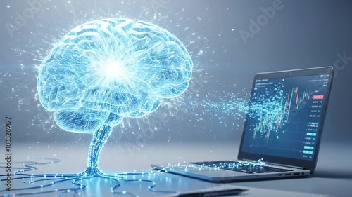 Artificial intelligence brain connected to stock market data on laptop screen.