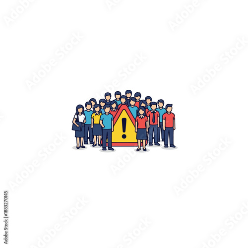 Group of Diverse People Surrounding Warning Sign.