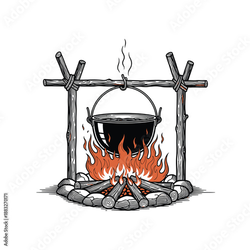 Campfire Cooking - A Detailed Illustration of a Pot Over Flames.
