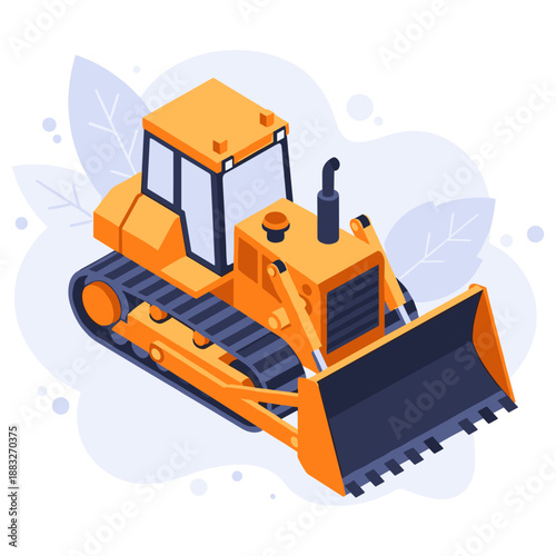 Orange bulldozer on white background with decorative elements