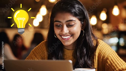 Young Womans Eureka Moment - Laptop Sparks Brilliant Idea in Cozy Cafe.