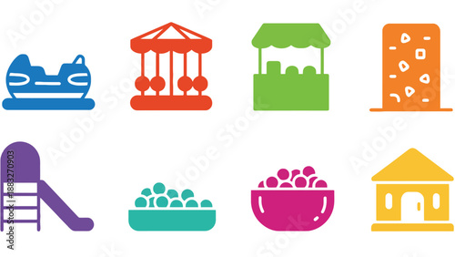 A colorful illustration of various funfair and food icons on a white background
