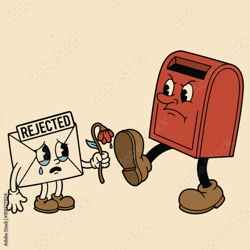 Sad Envelope Rubber Hose Style Character Denied Entry by Aggressive Retro Mailbox Illustration