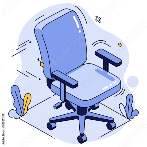Stylish blue office chair illustration with armrests on swivel base