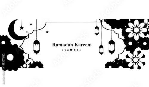 Modern Ramadan Kareem Banner with 3D Paper Flowers, Crescent Moon and Lanterns Vector Illustration