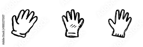 Glove Line Icon Set In Doodle Style. Hand Protection, Safety, And Hygiene Outline Sketch Collection. Work, Gardening, And Cleaning Gloves. Hand Drawn Isolated Vector Illustration