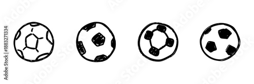 Soccer Ball Line Icon Set In Doodle Style. Sports Equipment, Football Game, And Athletic Activity Outline Sketch Collection. Hand Drawn Isolated Vector Illustration