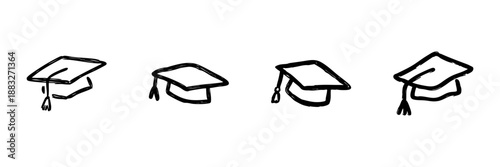 Graduation Cap Line Icon Set In Doodle Style. Academic Achievement And Education Symbol Outline Sketch Collection. Hand Drawn Isolated Vector Illustration