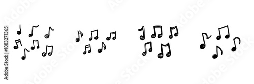 Musical Notes Line Icon Set In Doodle Style. Melody, Rhythm, And Sound Representation Outline Sketch Collection. Hand Drawn Isolated Vector Illustration