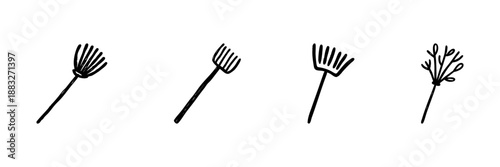 Gardening Tools Line Icon Set In Doodle Style. Rake, Broom, And Brush Outline Sketch Collection. Garden Maintenance And Landscaping Equipment. Hand Drawn Isolated Vector Illustration