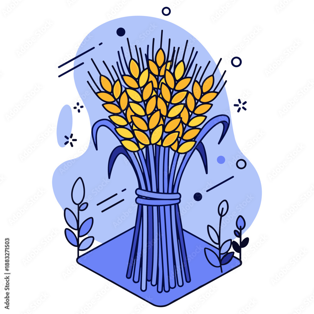 Fototapeta premium Golden wheat sheaf with geometric blue abstract background