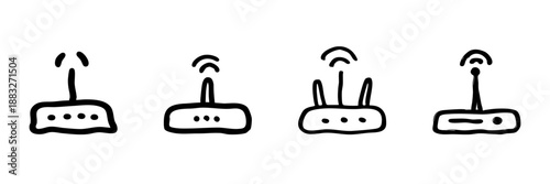 Wi-Fi Router Line Icon Set In Doodle Style. Wireless Internet Connectivity And Network Signal Strength Outline Sketch Collection. Hand Drawn Isolated Vector Illustration