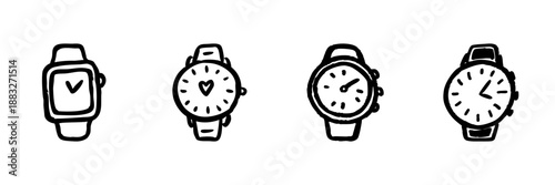 Wristwatch Line Icon Set In Doodle Style. Time Management, Heart Rate Monitoring, And Fashion Accessories Outline Sketch Collection. Hand Drawn Isolated Vector Illustration