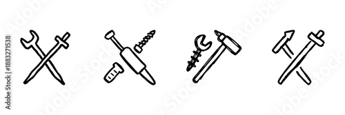 Crossed Tools Line Icon Set In Doodle Style. Construction, Repair, And Diy Equipment Outline Sketch Collection. Hand Drawn Isolated Vector Illustration