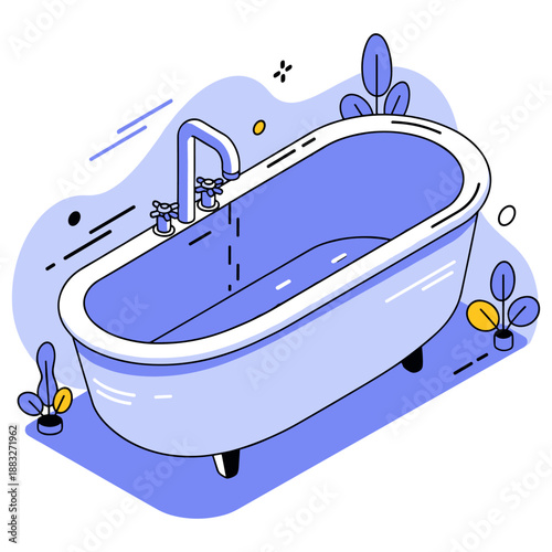 Blue bathtub with plants in minimalist cartoon style illustration