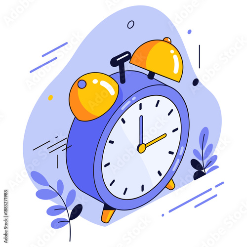 Colorful blue and yellow alarm clock illustration with abstract background