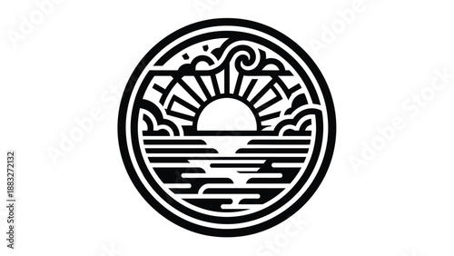 Circular design featuring a stylized sunrise over the ocean with intricate details.
