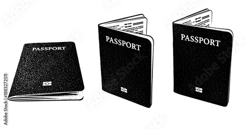 Set of black passport covers in various orientations